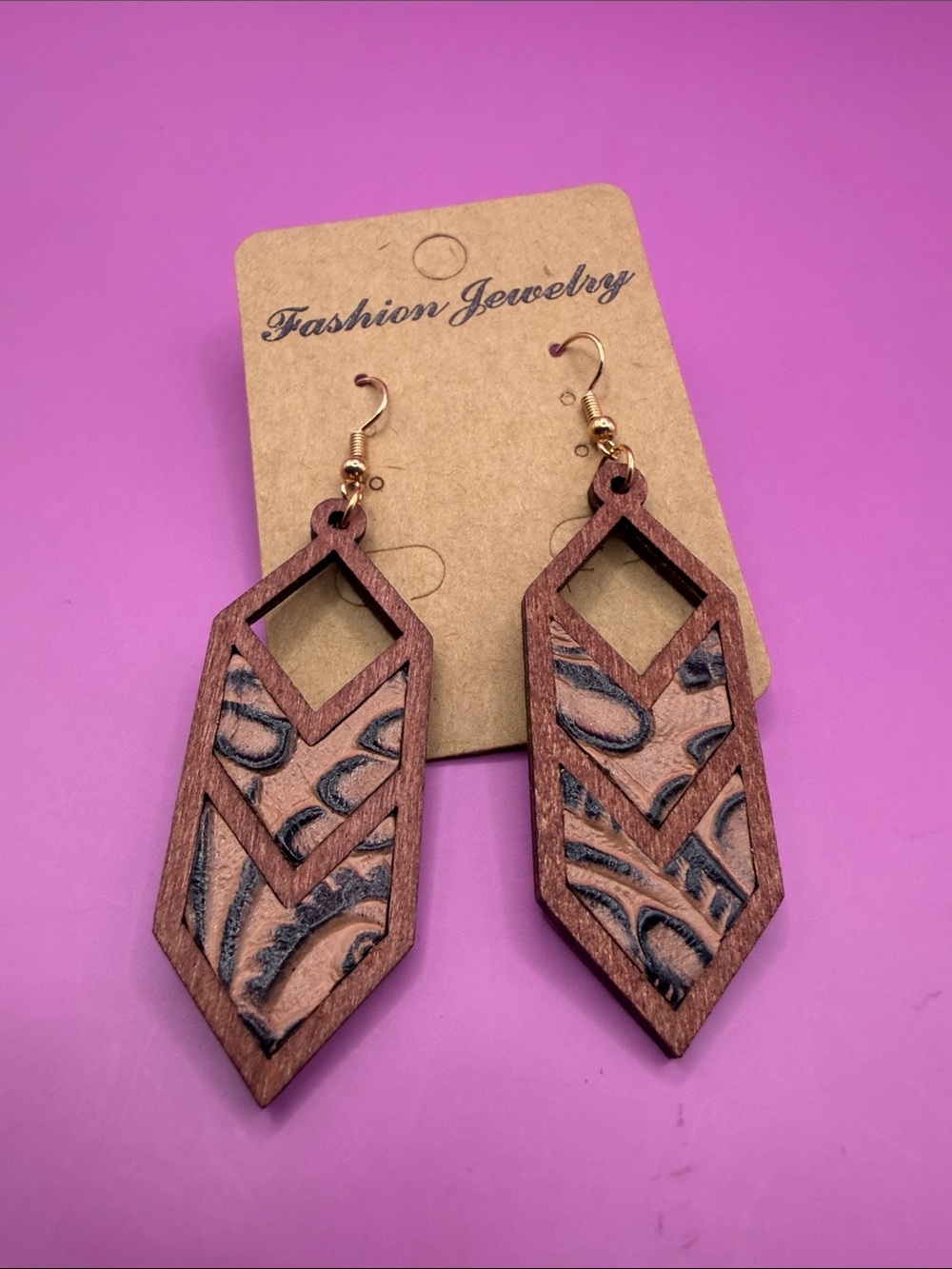Wood with Faux Leather Inset Chevron Drop Earrings